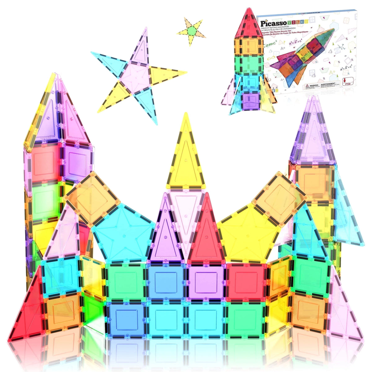 PICASSO-TILES Magnetic Tiles for Kids, Rocket Booster Building Blocks STEM Toy for Kids, 32Pc
