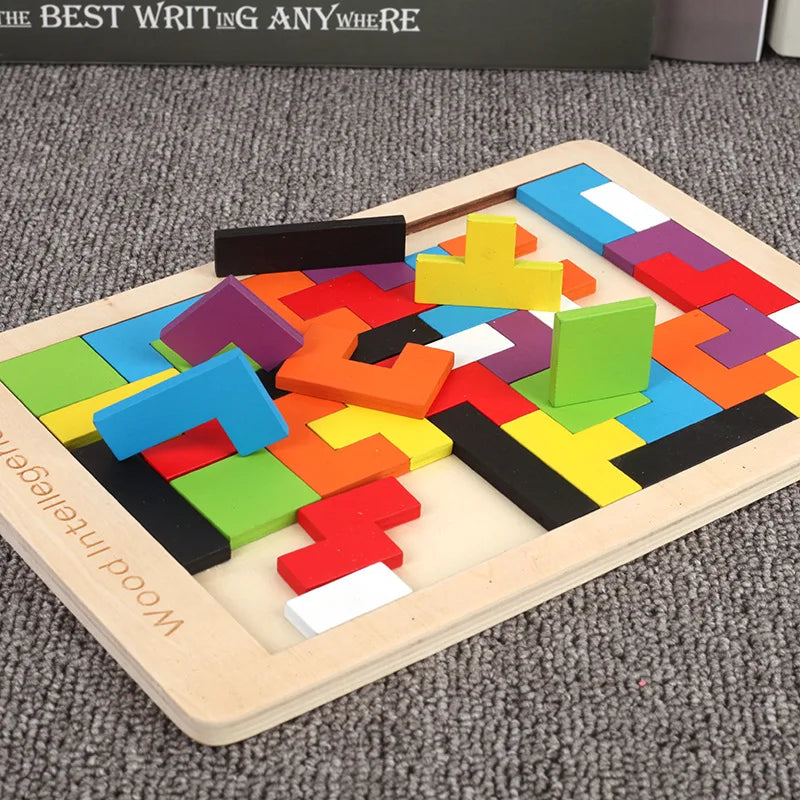 Colorful wooden puzzle blocks spilling out of the tray