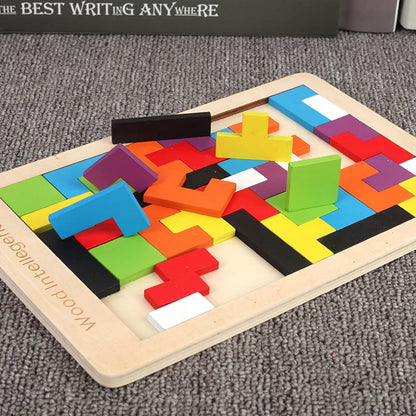 Colorful wooden puzzle blocks spilling out of the tray