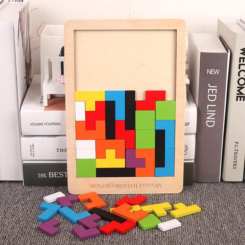 Wooden block puzzle tray filled with colorful pieces