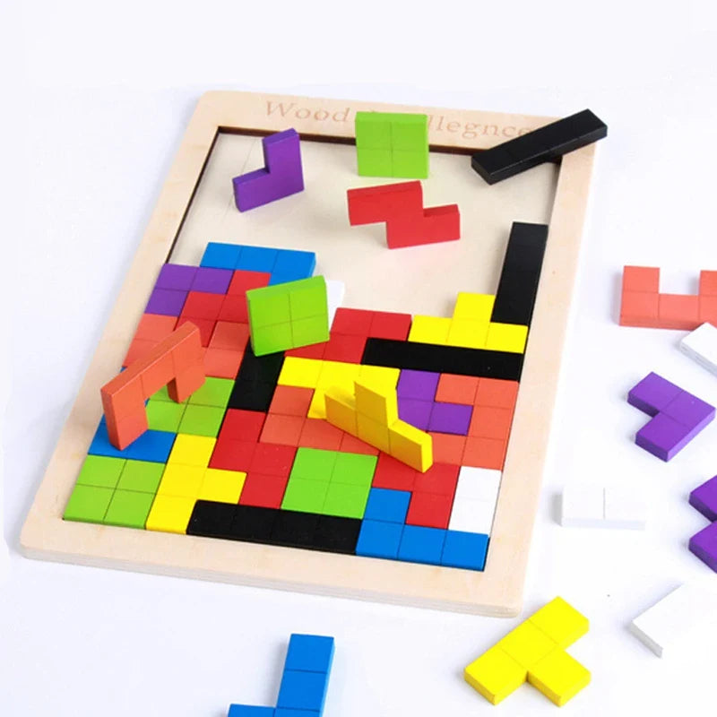 Wooden brain blocks puzzle in progress