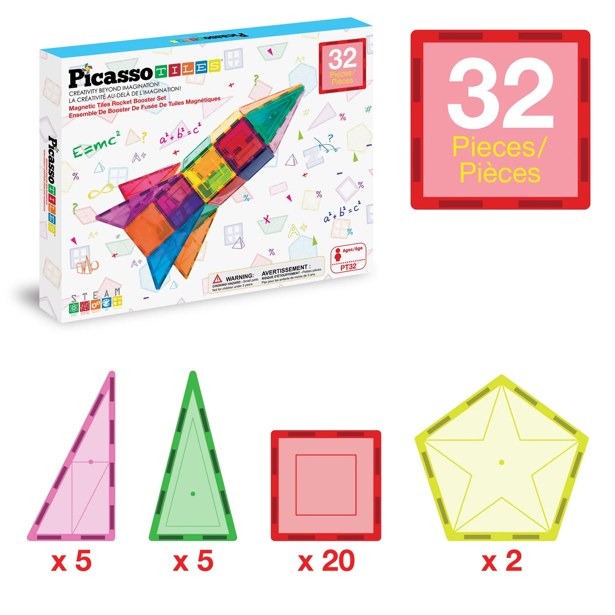 PICASSO-TILES Magnetic Tiles for Kids, Rocket Booster Building Blocks STEM Toy for Kids, 32Pc