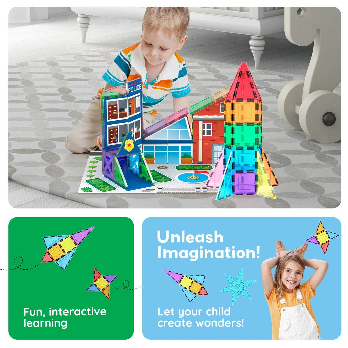 PICASSO-TILES Magnetic Tiles for Kids, Rocket Booster Building Blocks STEM Toy for Kids, 32Pc