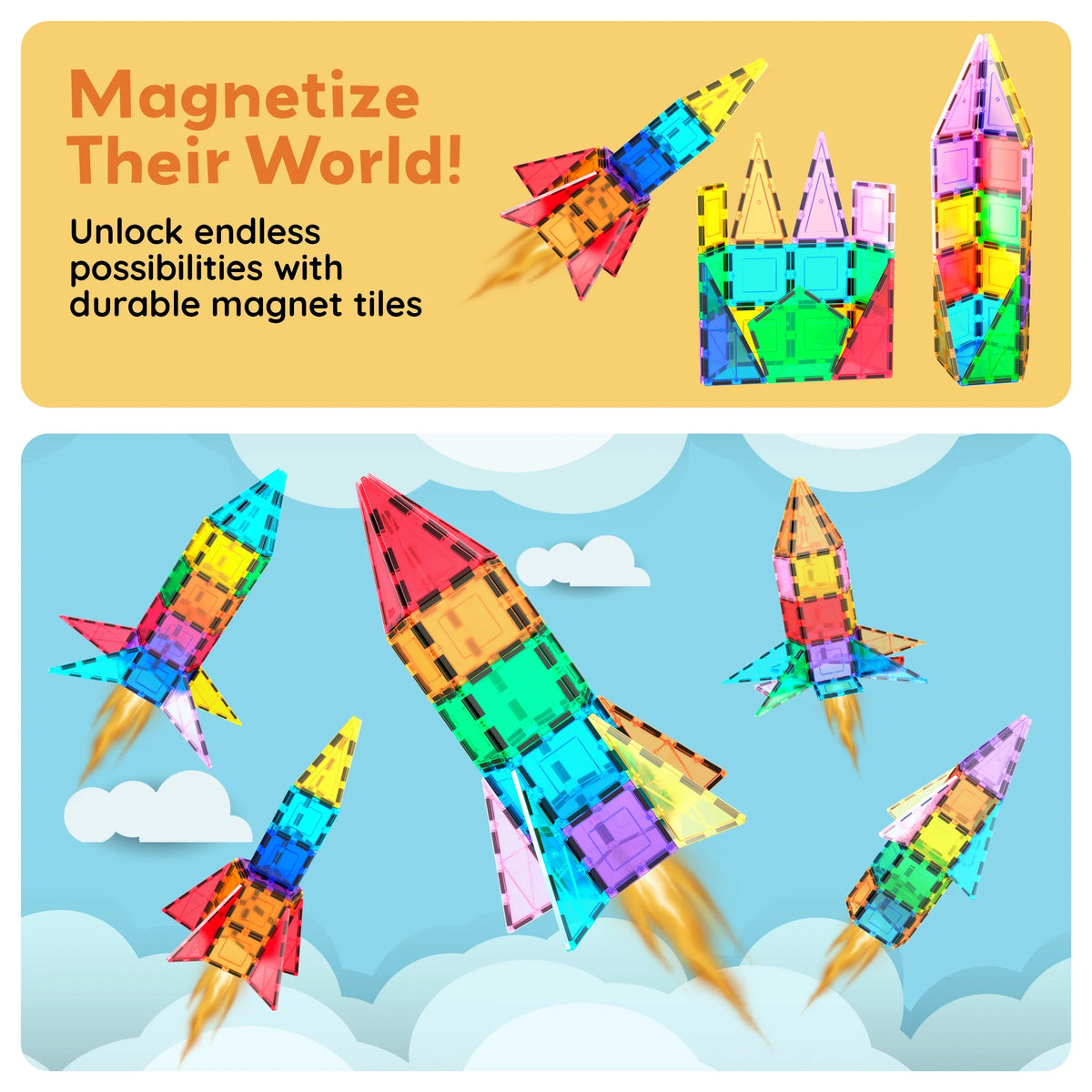 PICASSO-TILES Magnetic Tiles for Kids, Rocket Booster Building Blocks STEM Toy for Kids, 32Pc